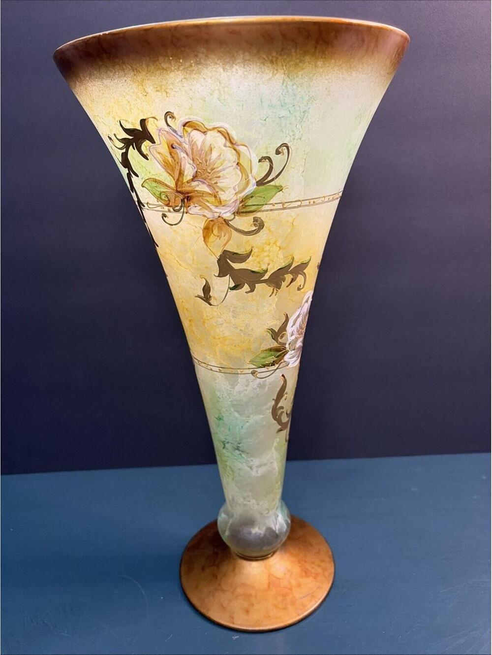 Rare 16.5" Signed Antique Legras French Art Nouveau Enamel Glass Trumpet  Vase